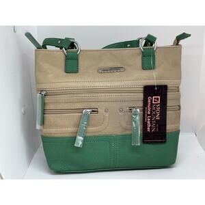 NWT Stone Mountain Leather Handbag Teal Beige $169.00 Zipper Close Strap